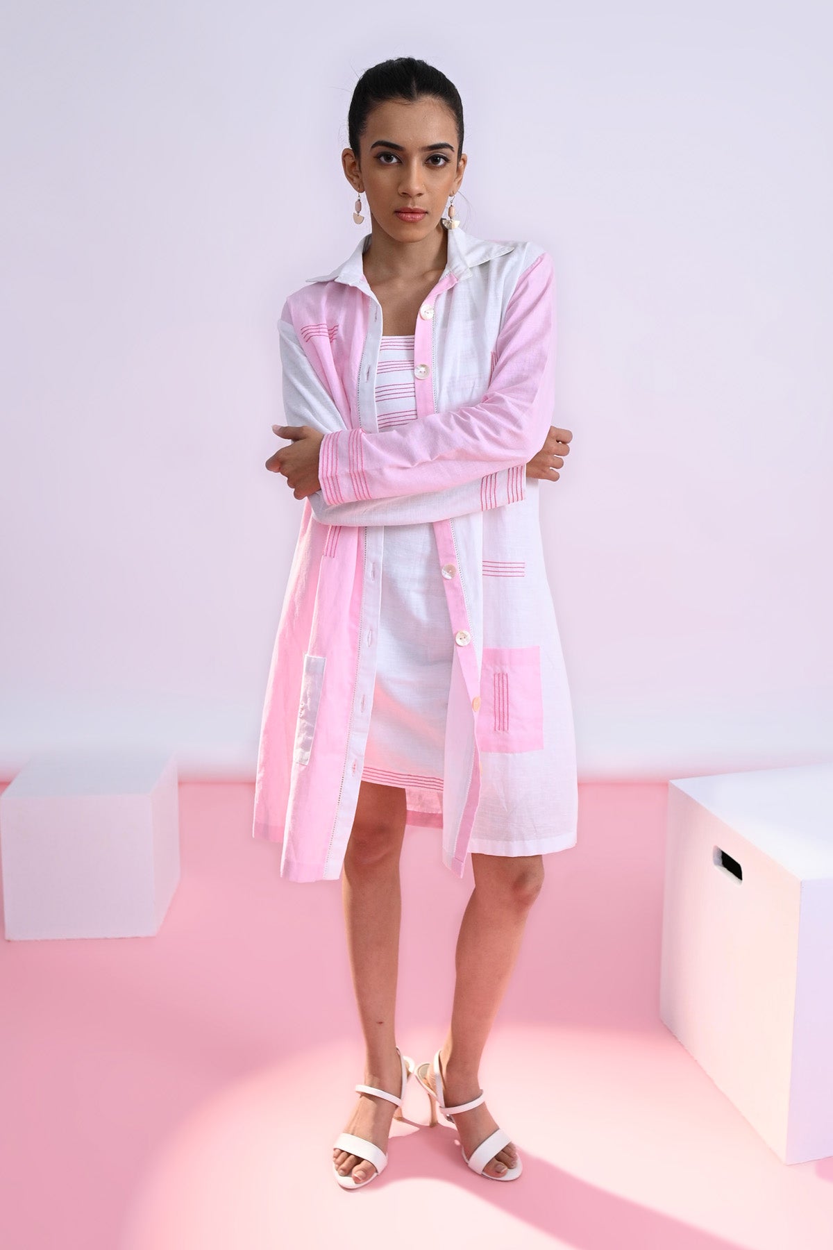 Embroidered Colour Block Shirt Dress