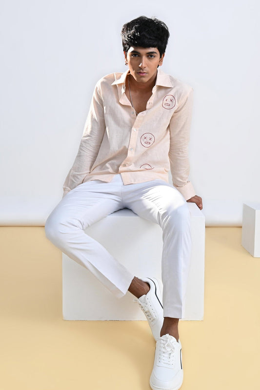 Face Embroidered Cotton Linen Shirt