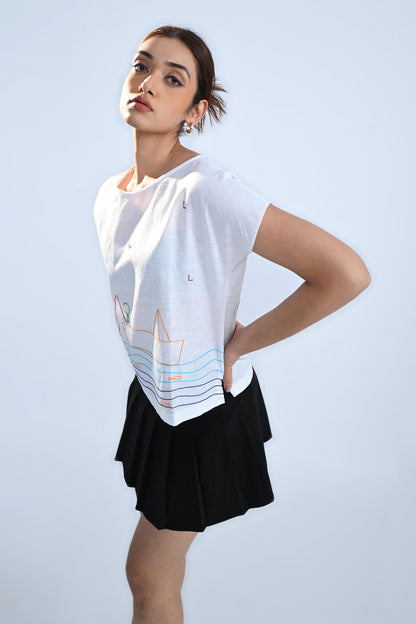 Fishing Sketch Embroidered Top