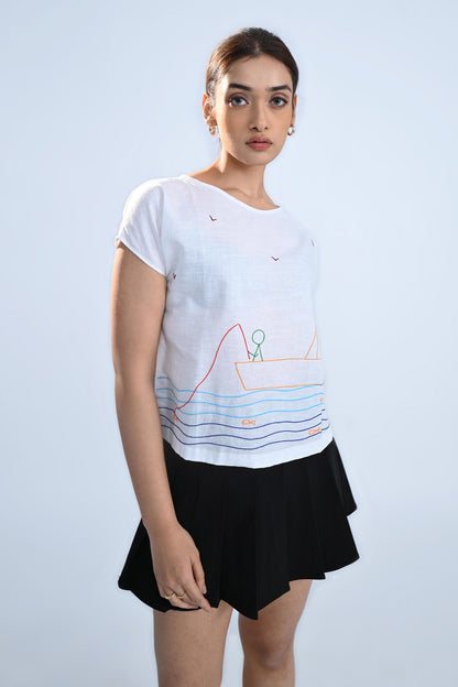 Fishing Sketch Embroidered Top