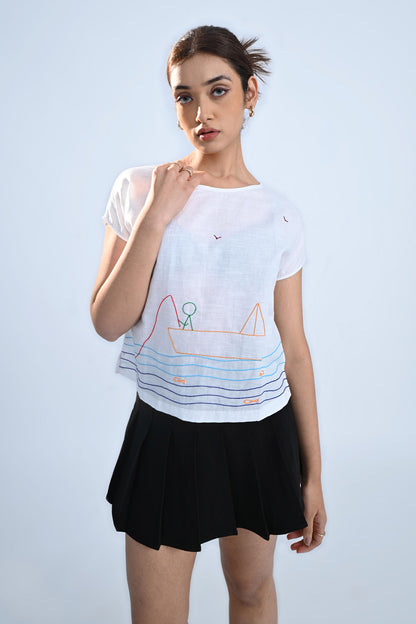 Fishing Sketch Embroidered Top