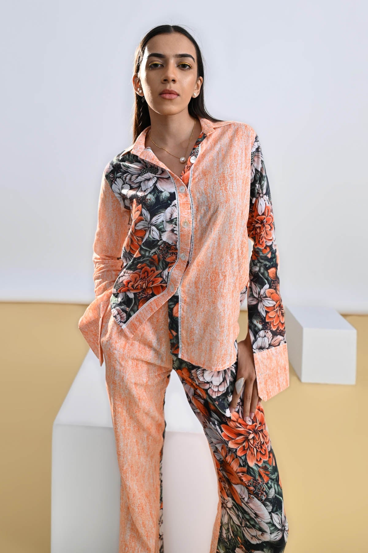 Floral Colour Block Lace Shirt