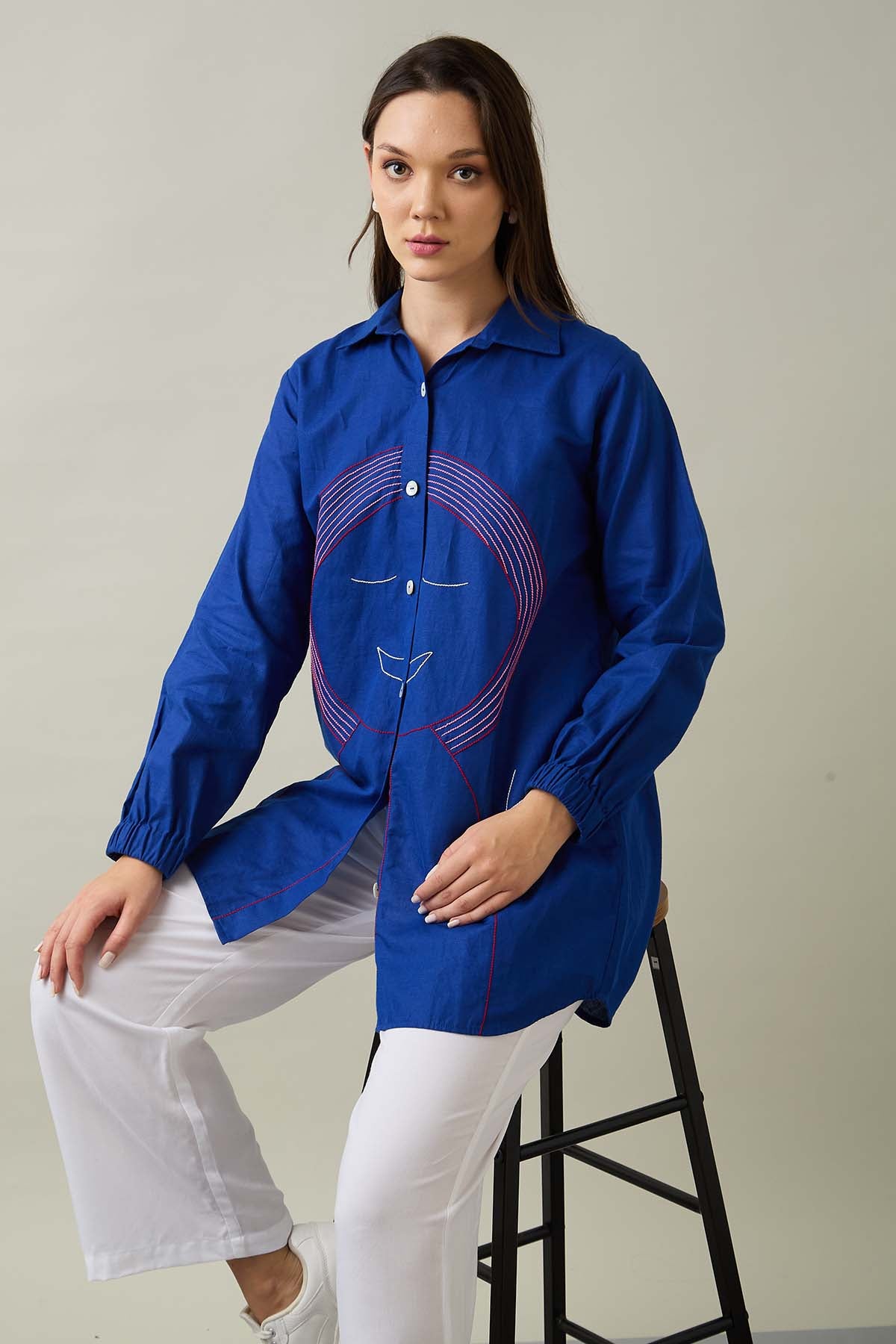 Girl Embroidered Cotton Linen Shirt