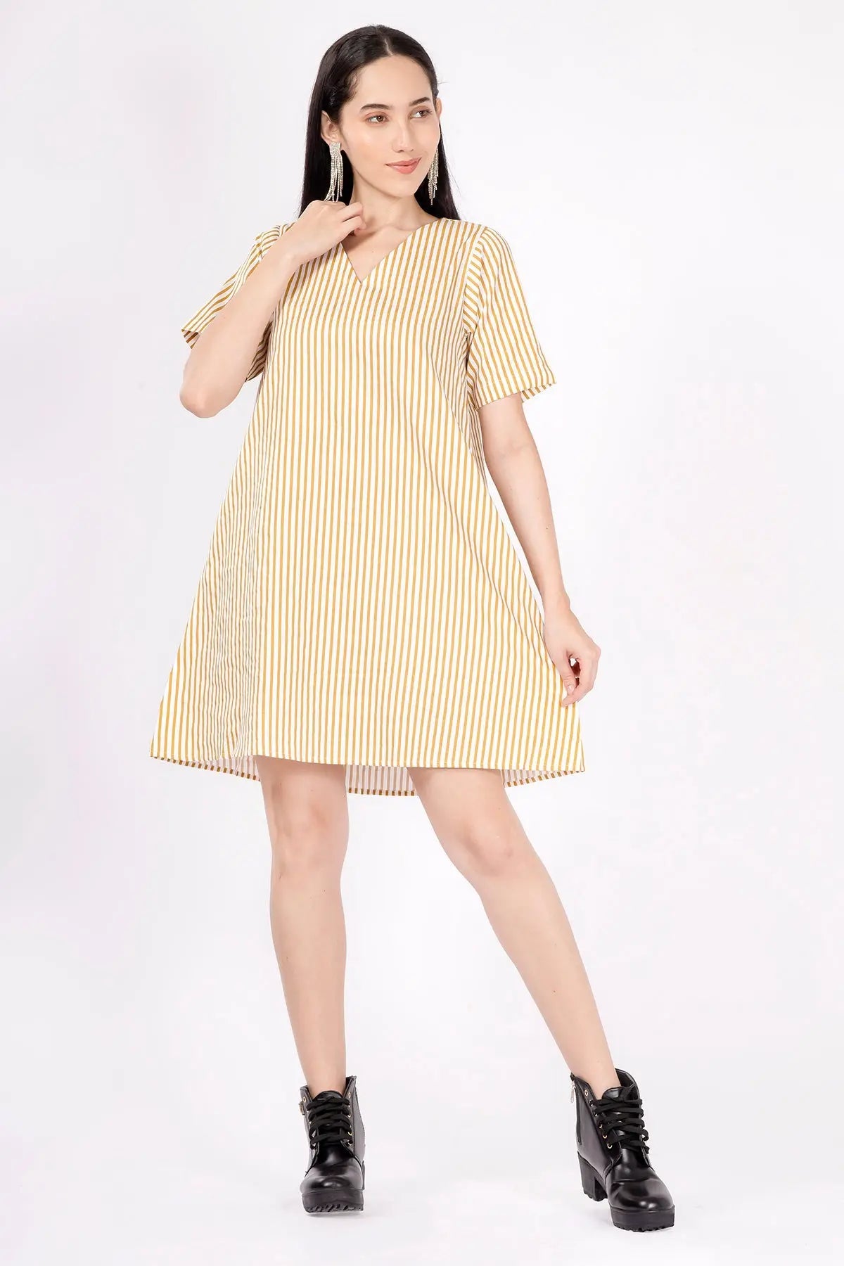 Shop Gold Stripes Cotton Mini Dress by SNEHA B