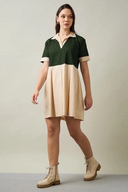 Shop Green & Beige Colorblock Dress by SNEHA B