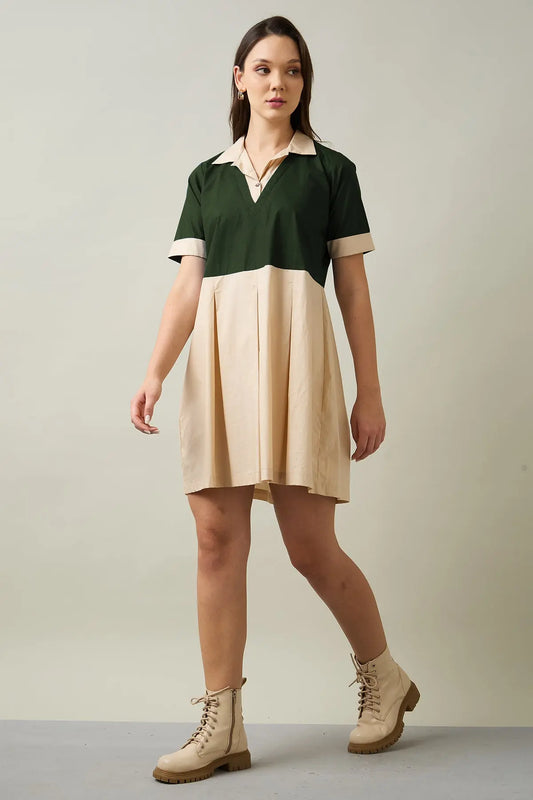 Shop Green & Beige Colorblock Dress by SNEHA B