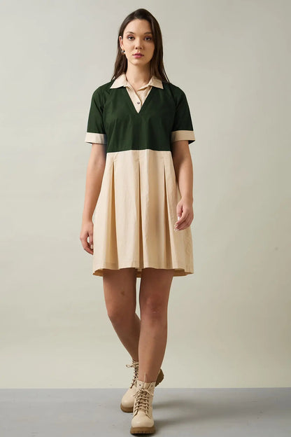 Green & Beige Colorblock Dress SNEHA B