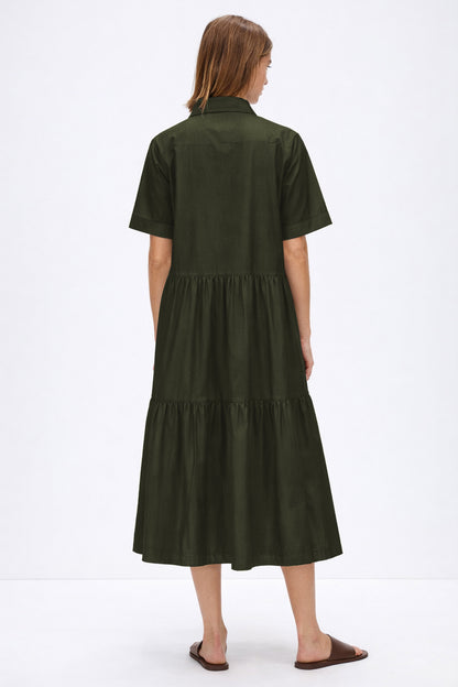 Green Button Tiered Midi Dress