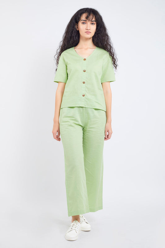 Green Cotton Linen Ankle Pant