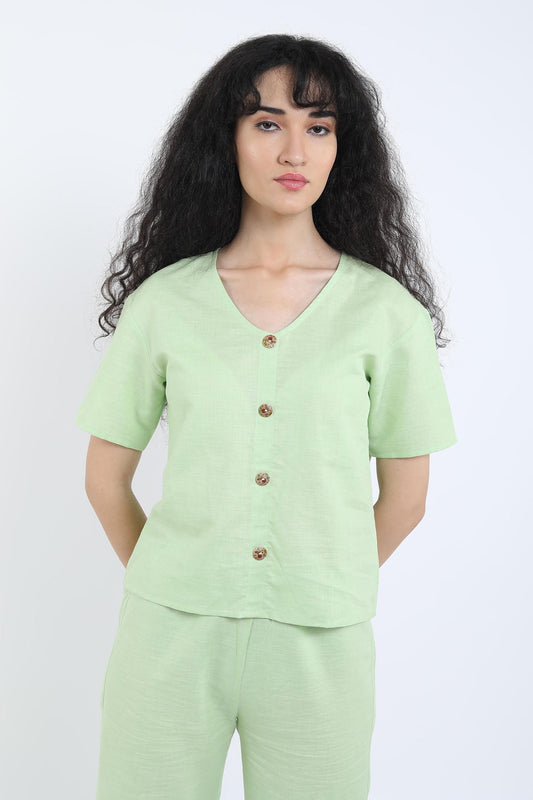 Green Cotton Linen Button Top