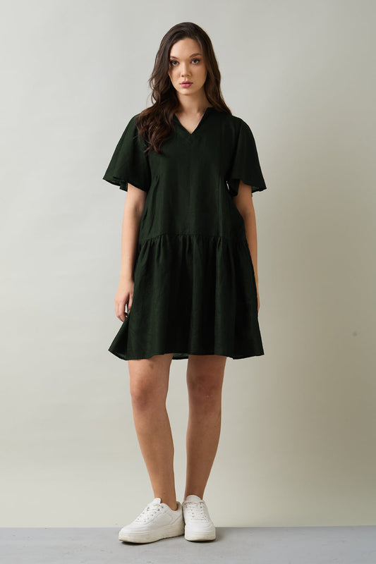 Buy Green Cotton Linen Flare Dress by SNEHA B