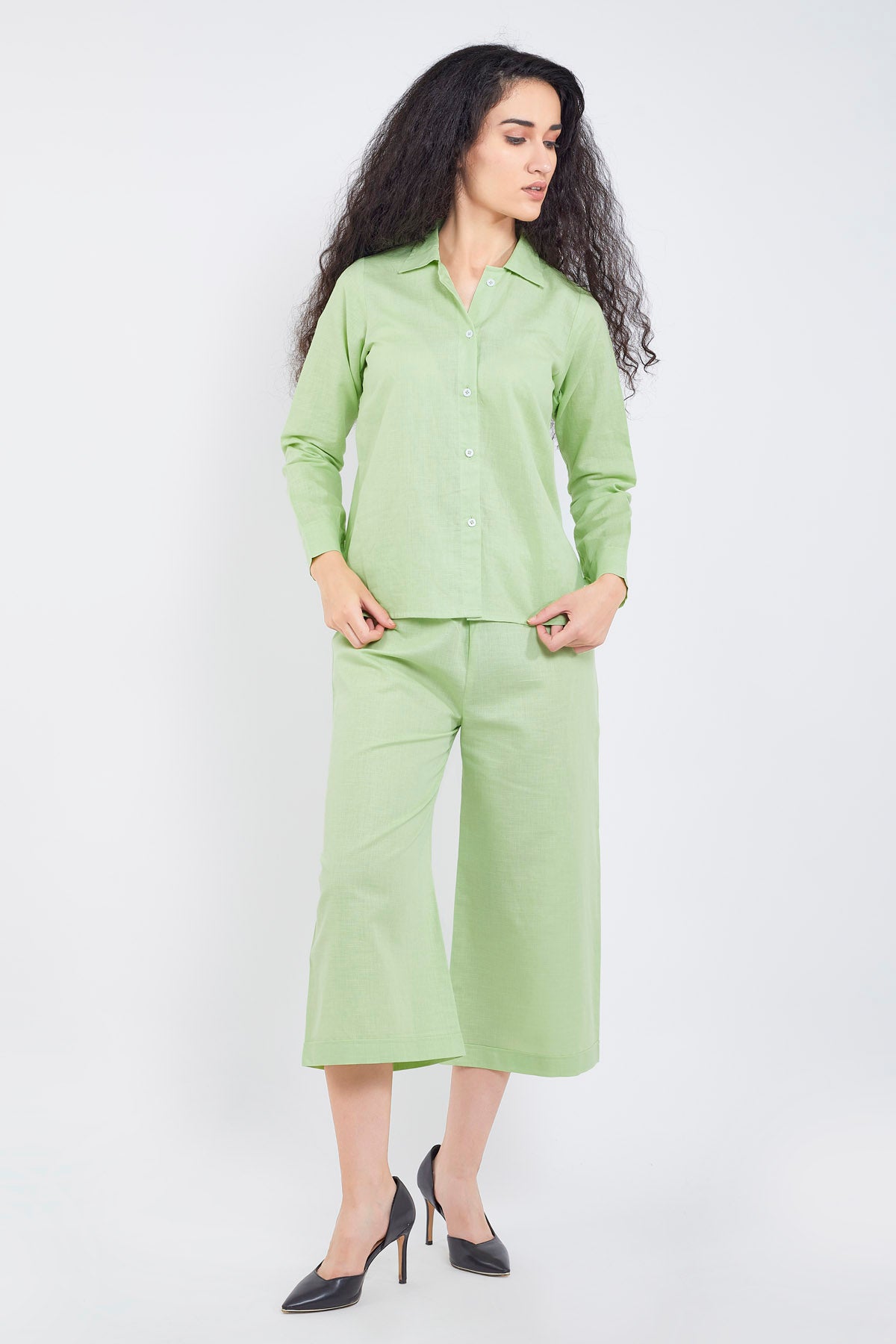 Green Cotton Linen Flare Pant