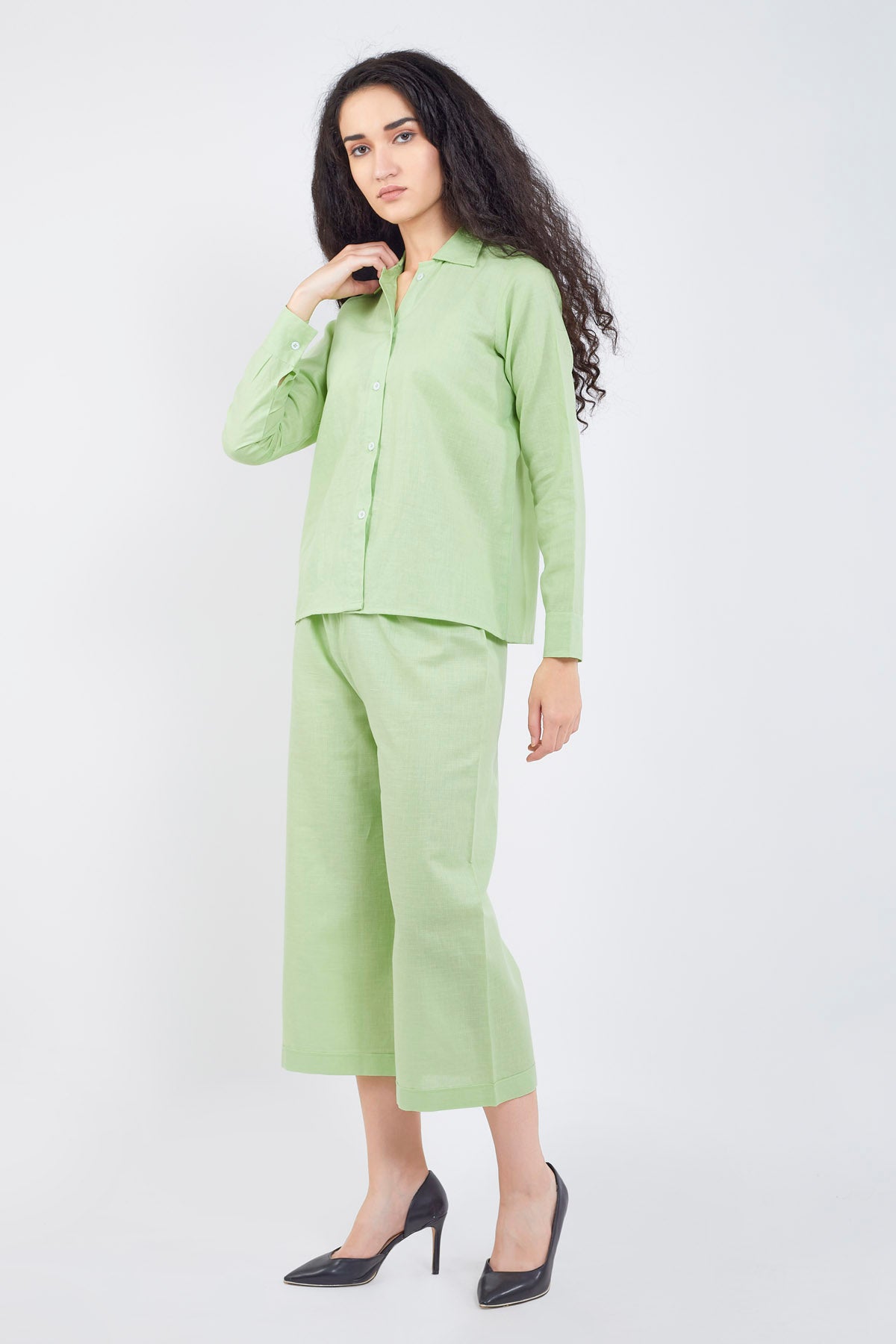 Green Cotton Linen Flare Pant