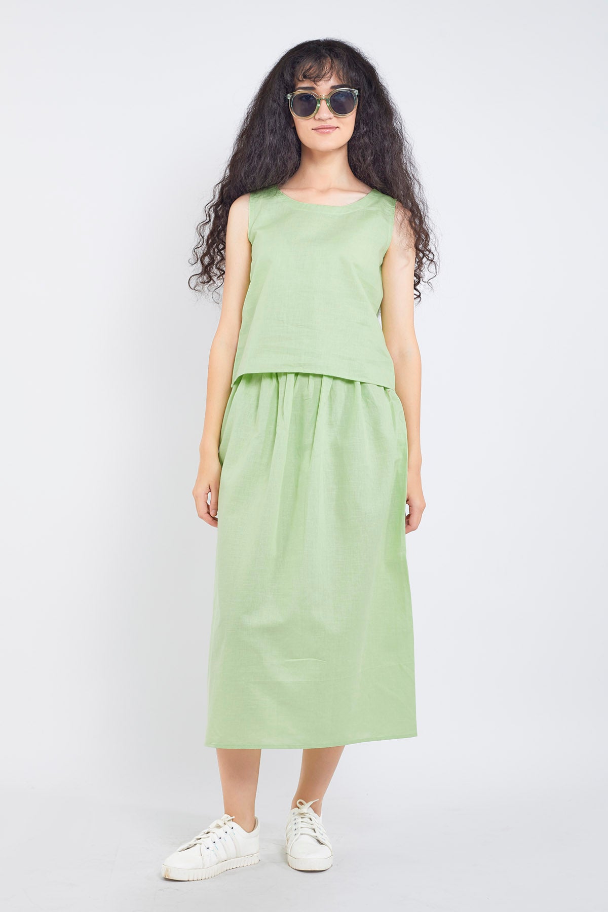 Green Cotton Linen Skirt Set