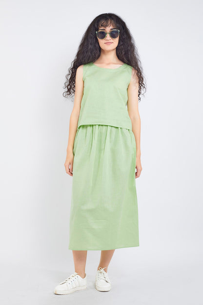 Green Cotton Linen Skirt Set