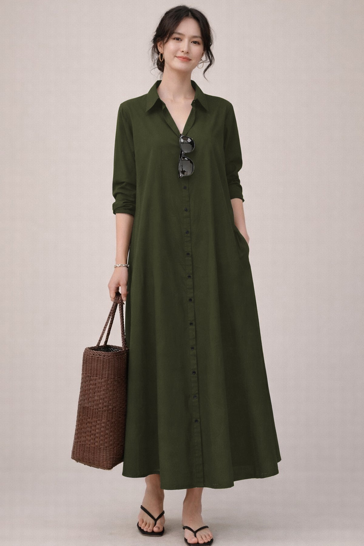 Shop Green Cotton Maxi Shirt Dress for women by SNEHA B