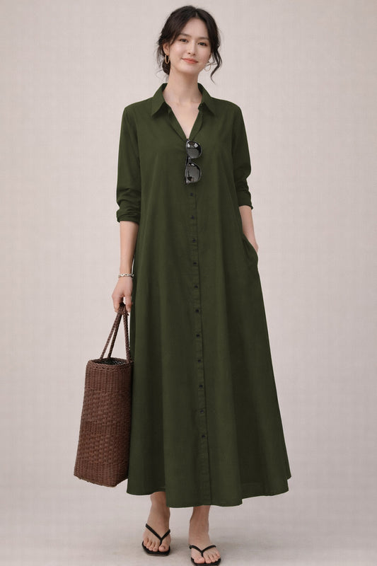 Shop Green Cotton Maxi Shirt Dress for women by SNEHA B