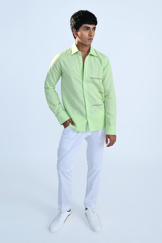 Green Embroidered Cotton Linen Shirt
