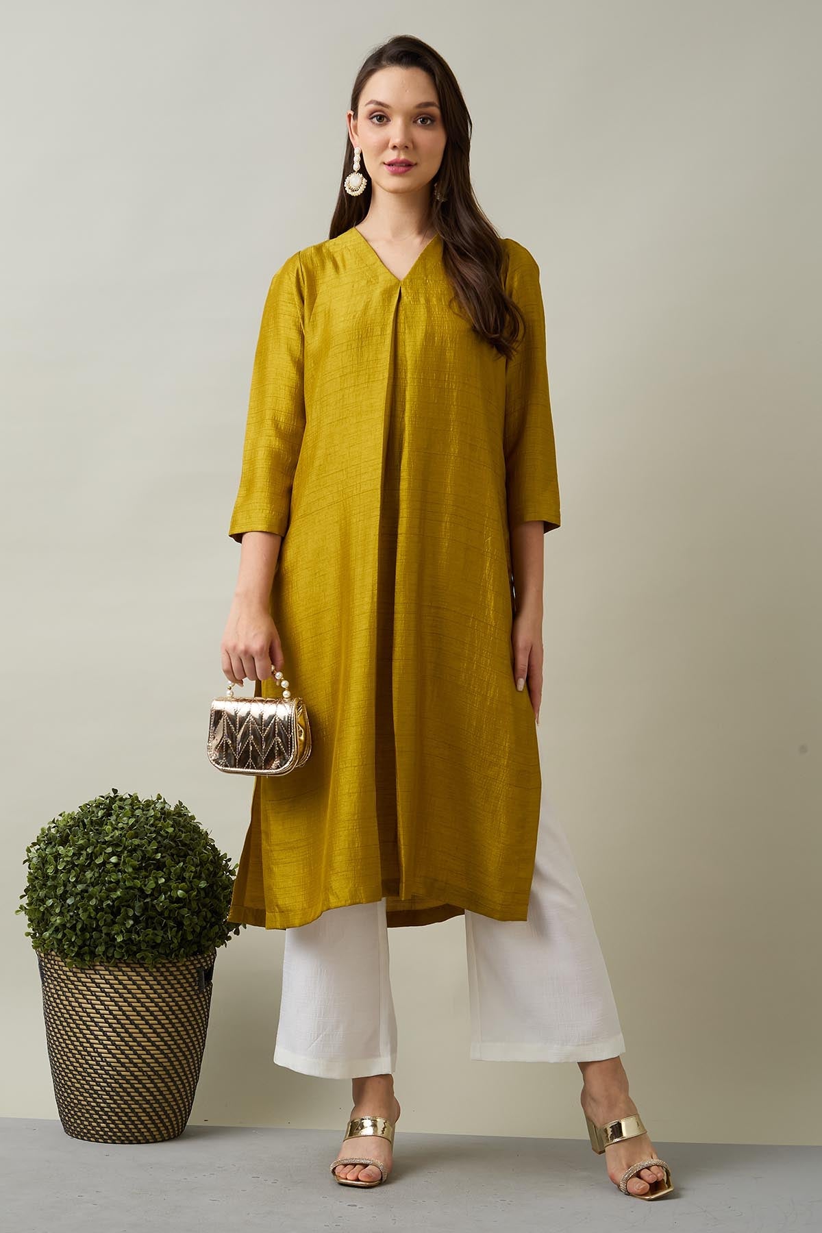 Green Silk Box Pleat Kurta Set