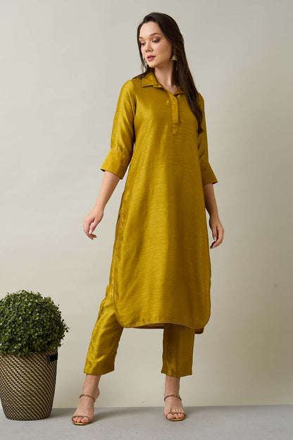 Green Silk Collar Kurta & Pants