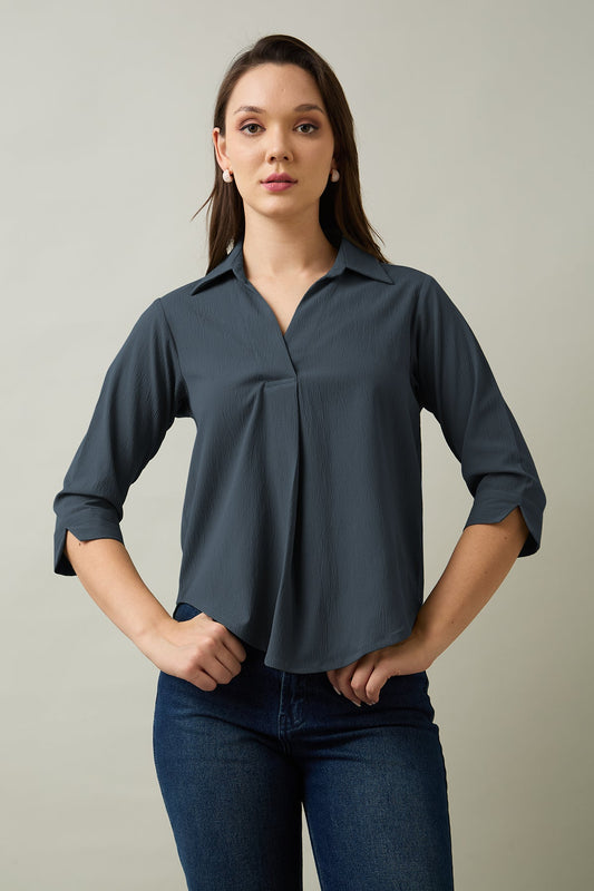 Buy Grey Box Pleated Collared Top by SNEHA B
