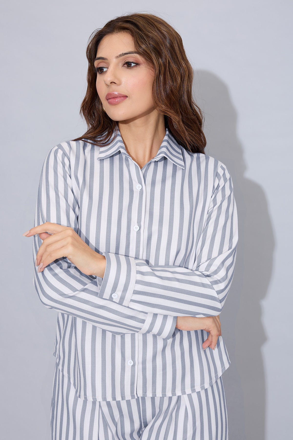 Buy Grey Cotton Stripe Collar Shirt by SNEHA B