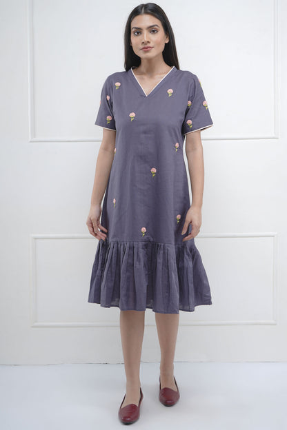 Floral Embroidered Grey Dress