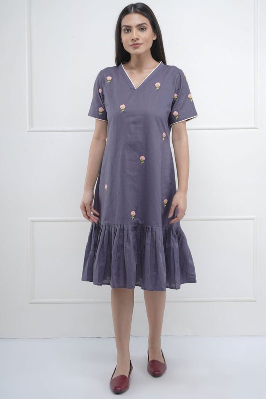 Buy Floral Embroidered Grey Dress by SNEHA B
