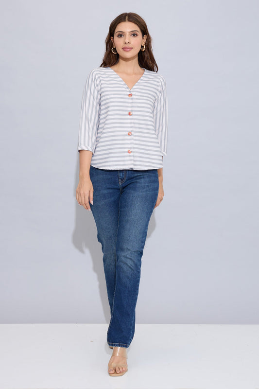 Buy Grey Stripe Button Cotton Top by SNEHA B