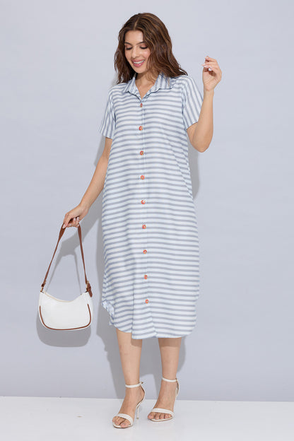 Grey Stripe Cotton Shirt Dress