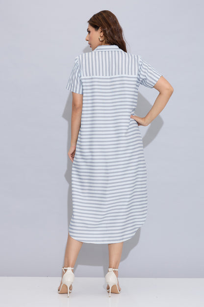 Grey Stripe Cotton Shirt Dress