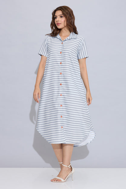 Grey Stripe Cotton Shirt Dress
