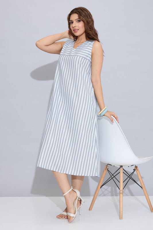 Buy Grey Stripes Sleeveless Dress by SNEHA B