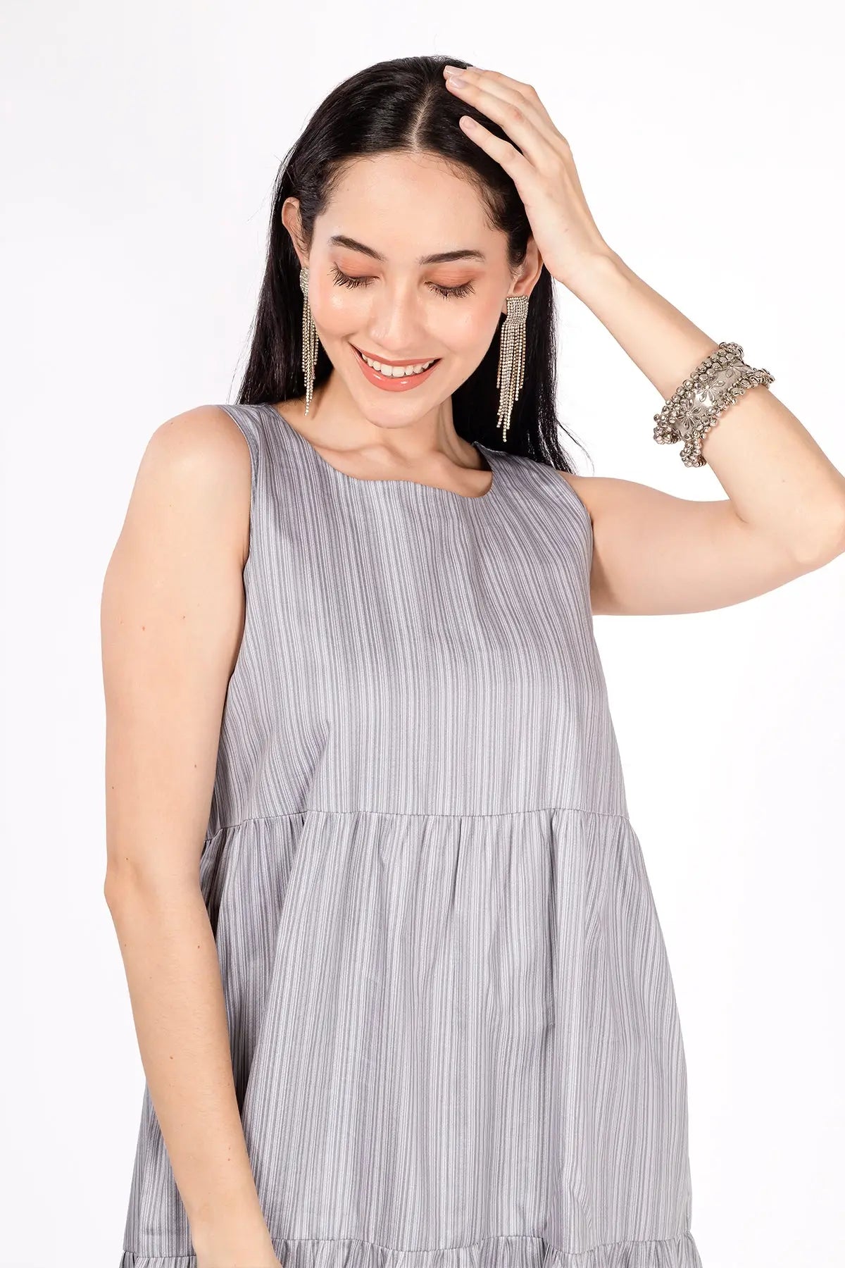 Grey Stripes Tiered Mini Dress SNEHA B