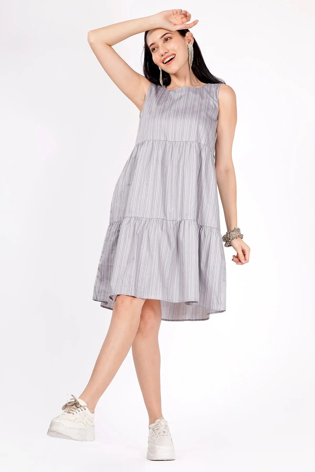 Grey Stripes Tiered Mini Dress SNEHA B