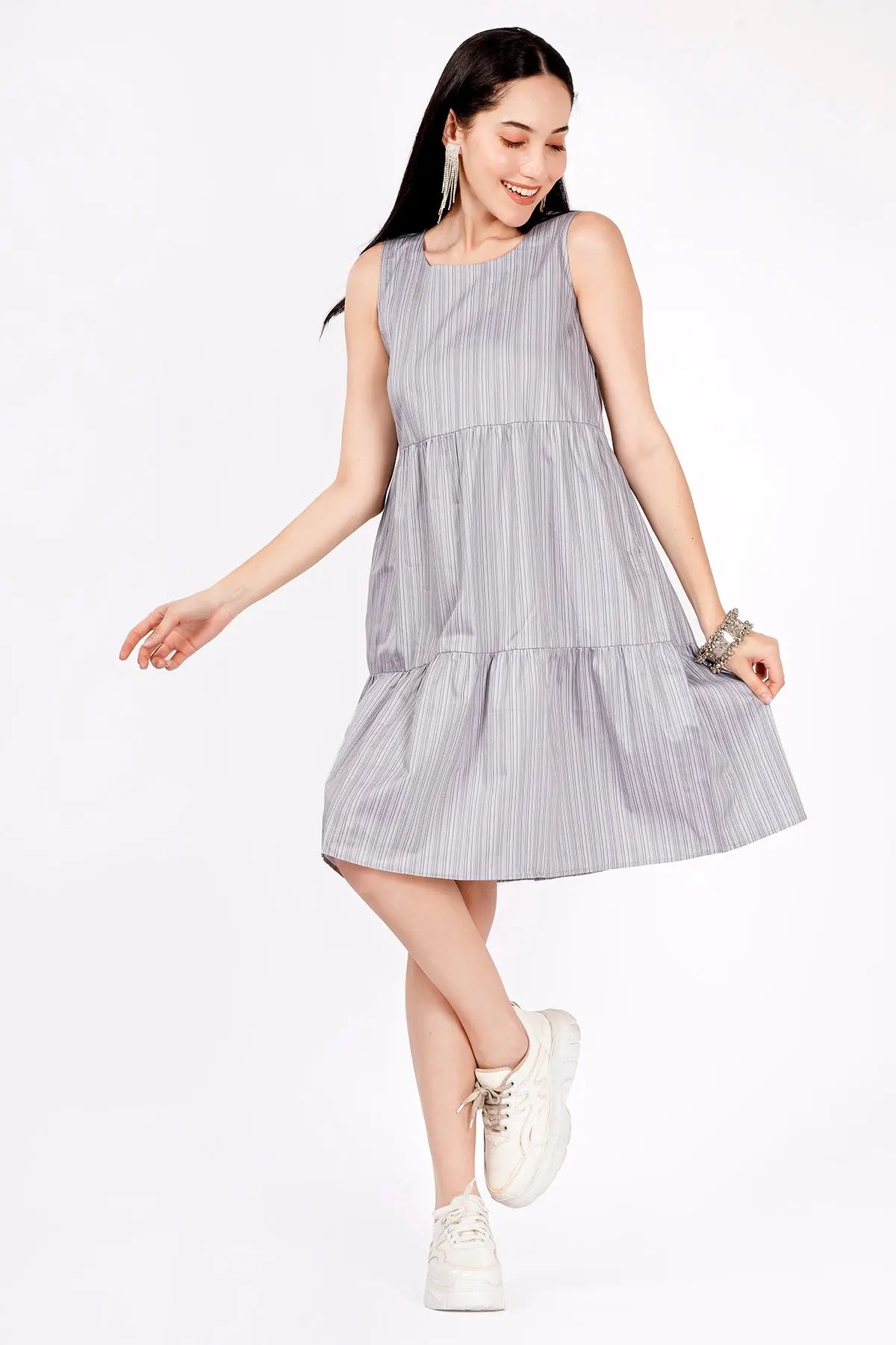 Grey Stripes Tiered Mini Dress SNEHA B