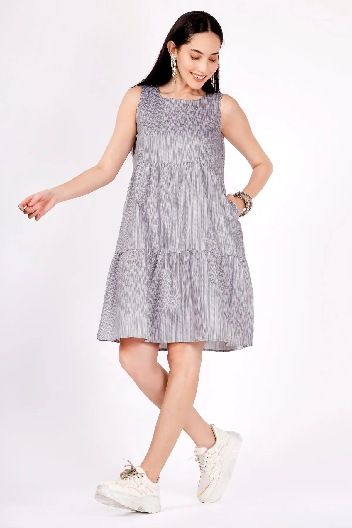 Shop Grey Stripes Tiered Mini Dress by SNEHA B