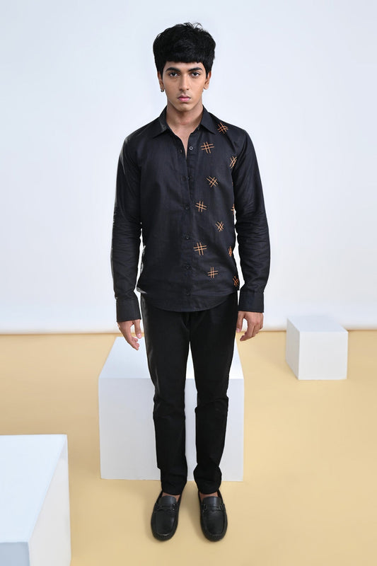 Hashtag Embroidered Cotton Linen Shirt