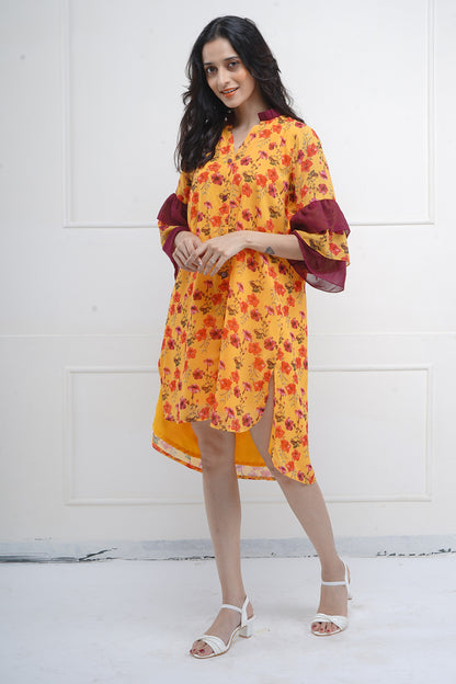 High Low Print Slit Shirt Dress
