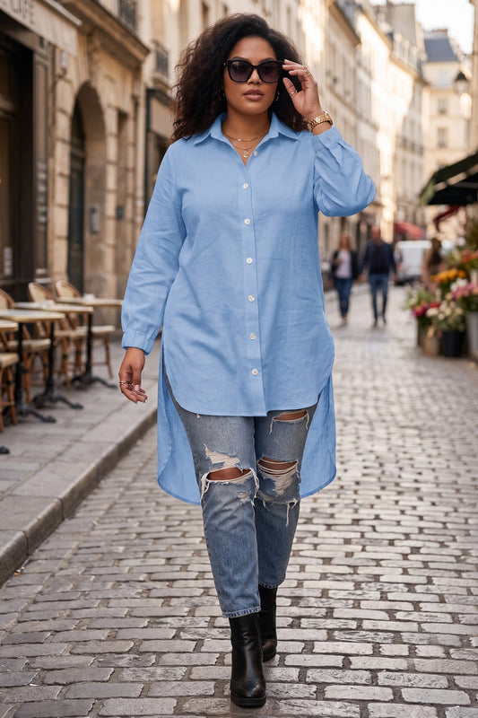 Ice Blue High Low Button Shirt