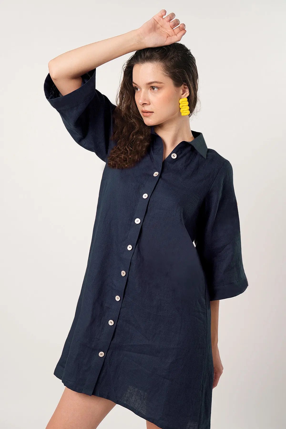 Shop Ink Blue Buttoned Shirt Dress by SNEHA B