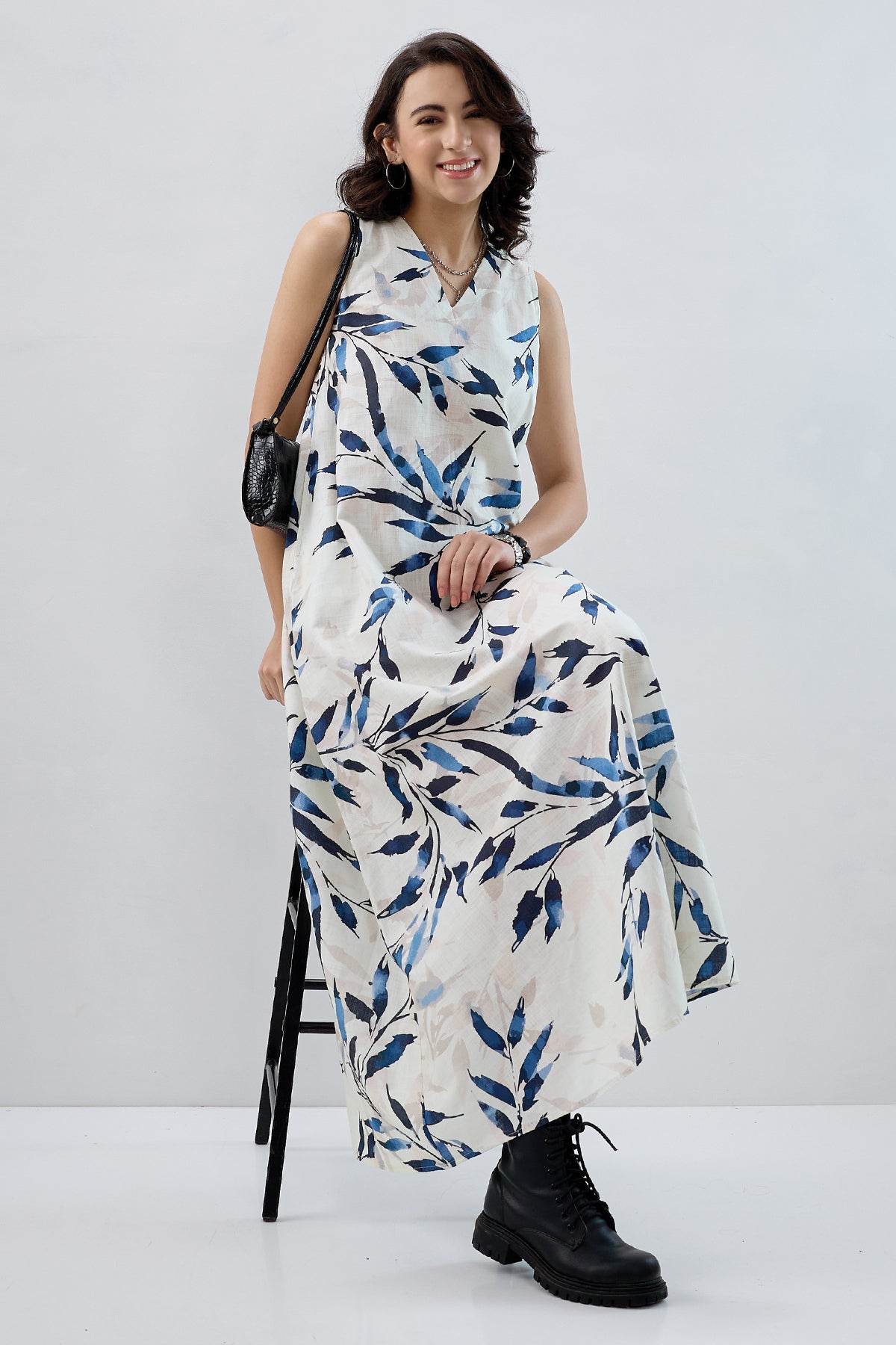 Leaf Printed Cotton Maxi Dress