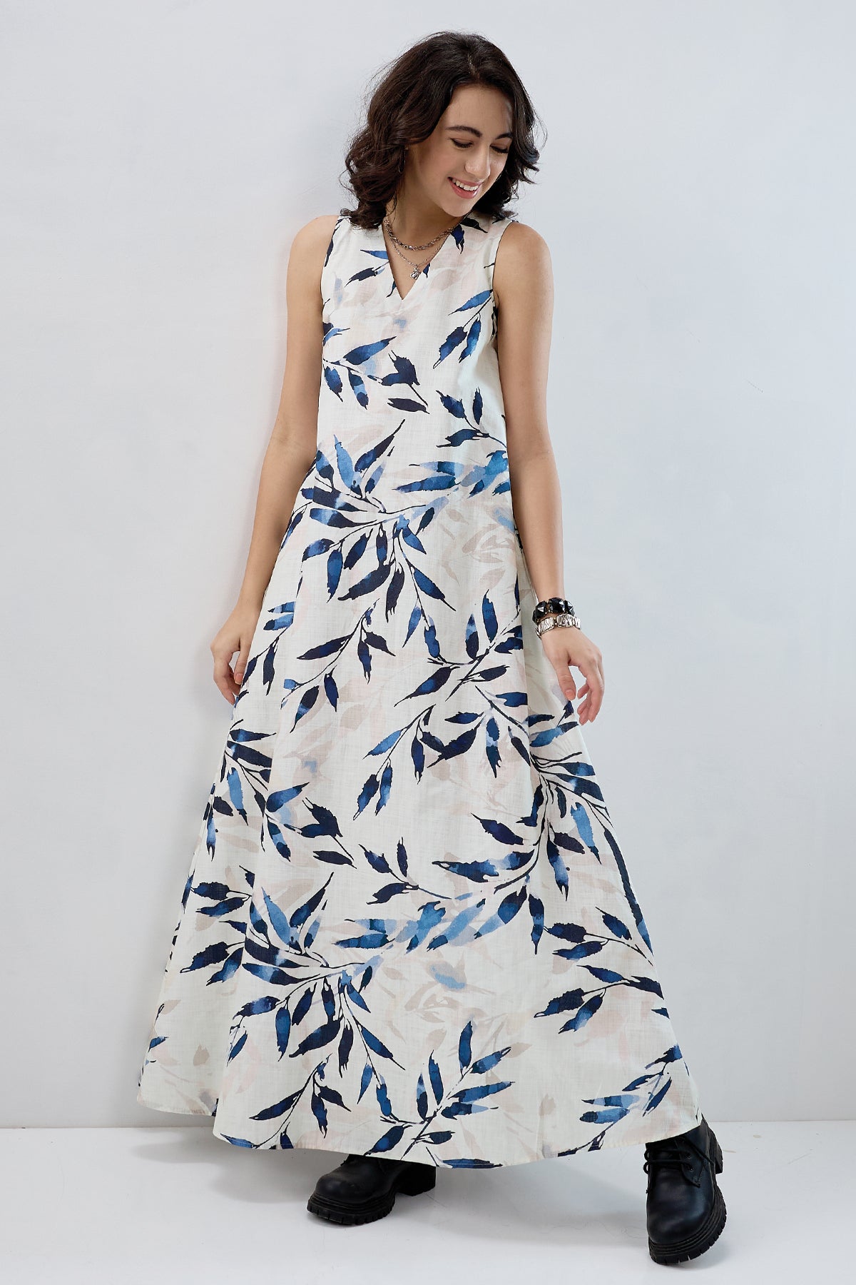 Leaf Printed Cotton Maxi Dress