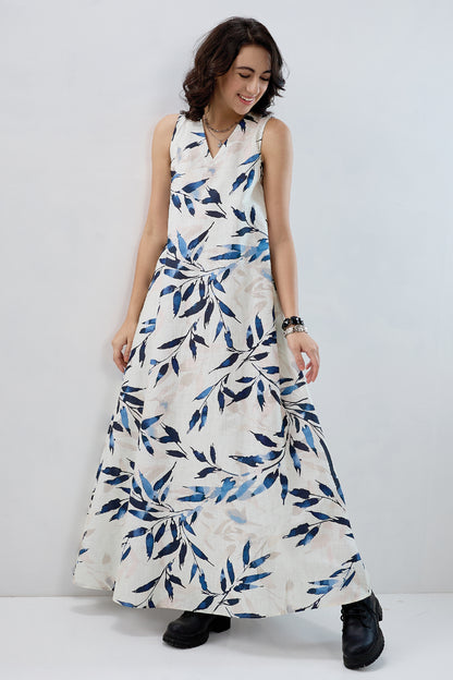 Leaf Printed Cotton Maxi Dress