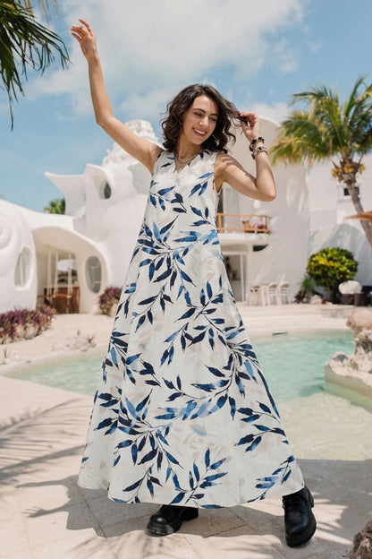 Leaf Printed Cotton Maxi Dress