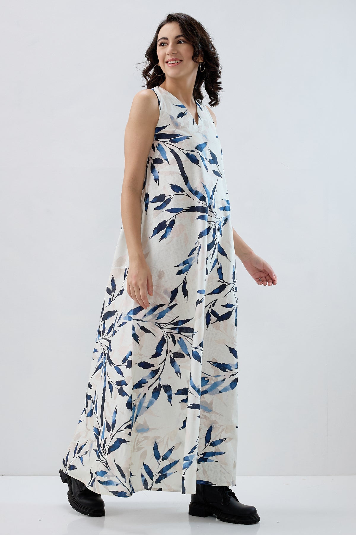 Leaf Printed Cotton Maxi Dress