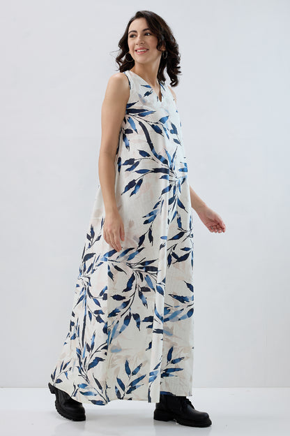 Leaf Printed Cotton Maxi Dress