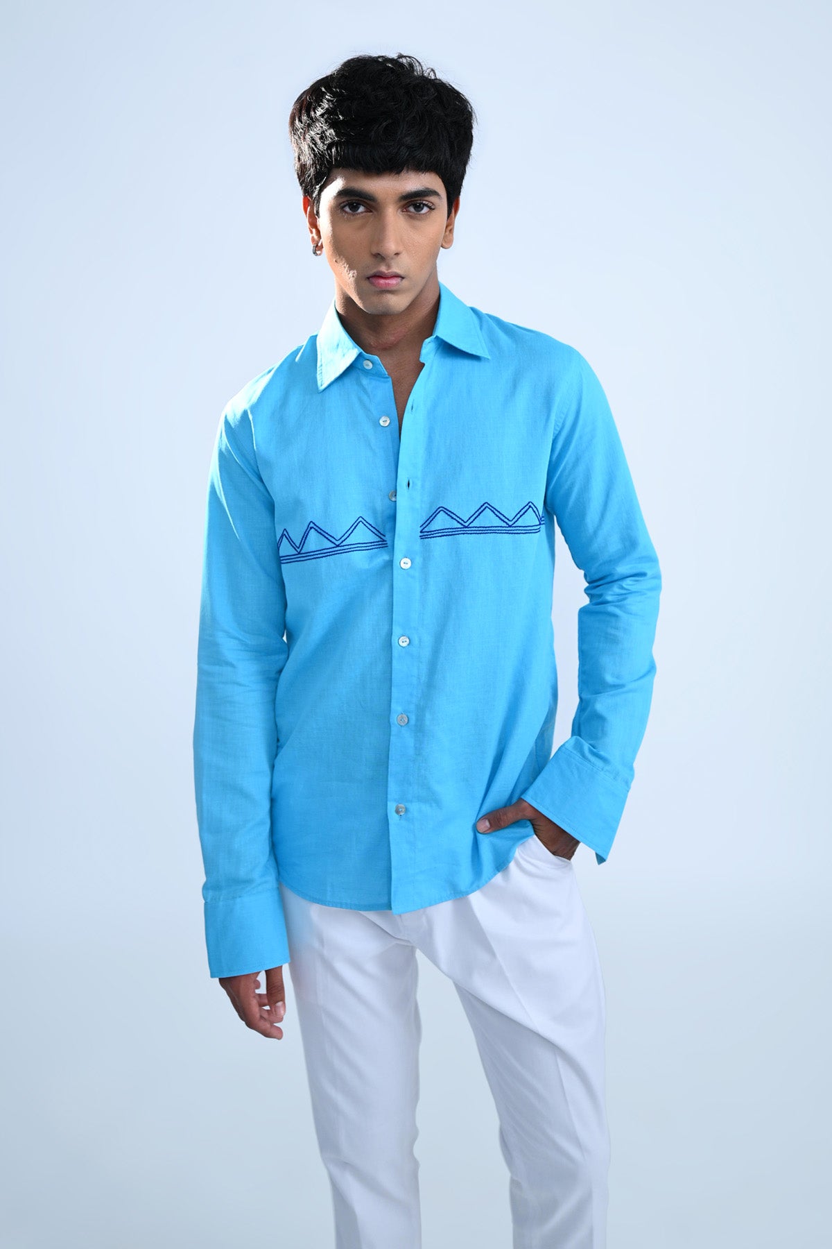 Light Blue Geometric Embroidered Shirt