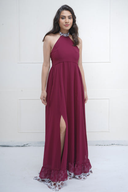 Maroon Halter Neck Maxi Dress
