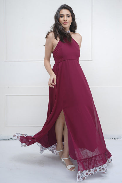 Buy Maroon Halter Neck Maxi Dress by SNEHA B